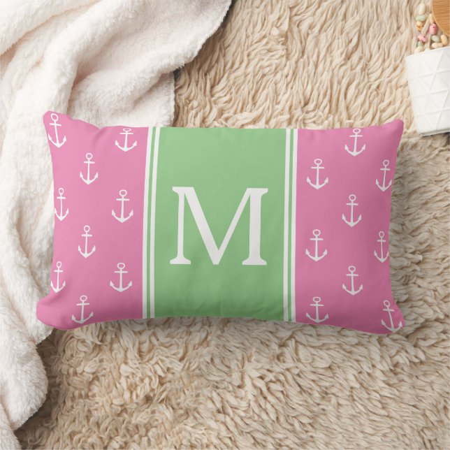 Coussin Rectangle Rose et vert Prépa avec monogramme d'ancres blanch (Couverture)