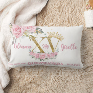 Coussin Rectangle Rose Floral XV 15 Or QUINCEAÑERA Quince Keepsaké