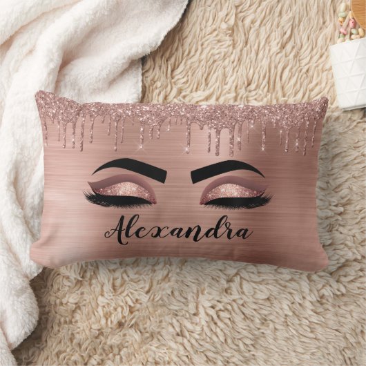 Coussin Rectangle Rose Gold Glitter Sparkle Eyelashes Monogram (Couverture)