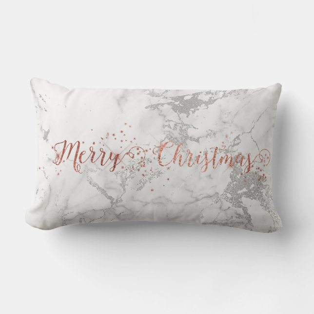 Coussin Rectangle Rose Gold Grey Marbre blanc argent Joyeux Noël (Recto)