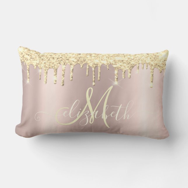 Coussin Rectangle Rose Gold Pailleté Or Élégant Monogramme (Recto)