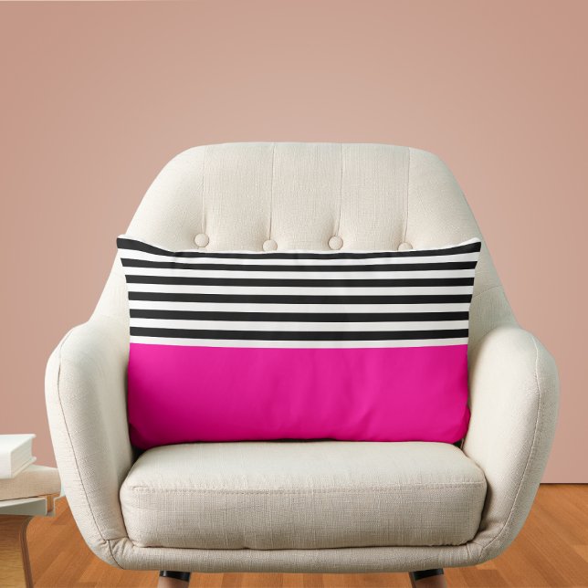 Coussin Rectangle Rose néon avec rayures noires et blanches (Créateur téléchargé)