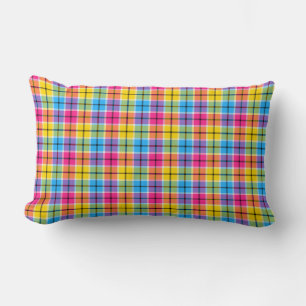 Coussin Rectangle rose néon, jaune et bleu plaid