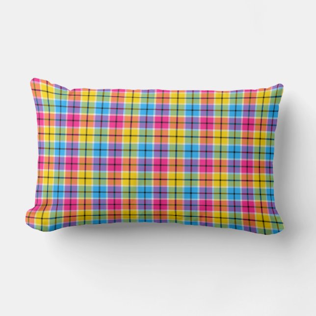 Coussin Rectangle rose néon, jaune et bleu plaid (Recto)