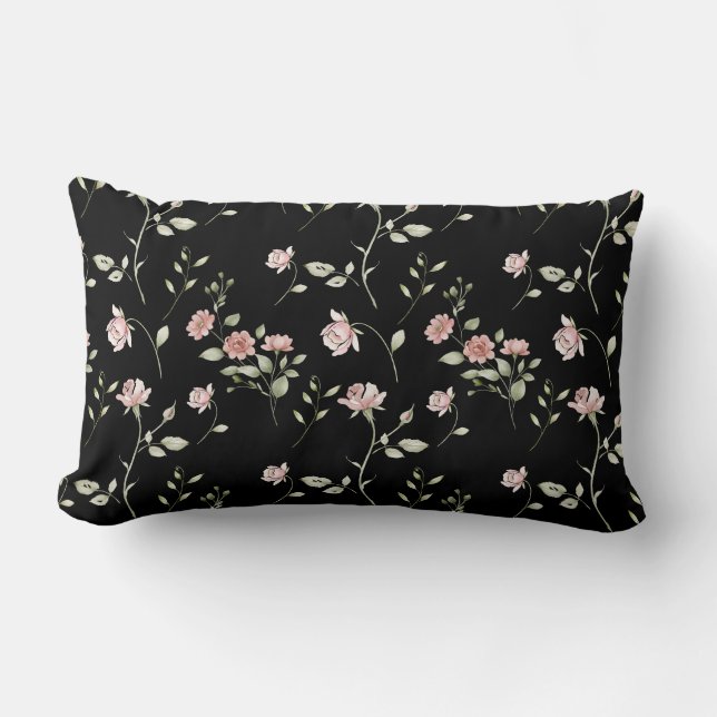 Coussin Rectangle Rose Pâle Aquarelle Floral Noir  (Recto)