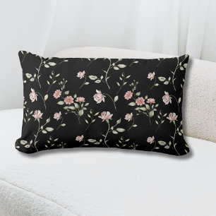 Coussin Rectangle Rose Pâle Aquarelle Floral Noir