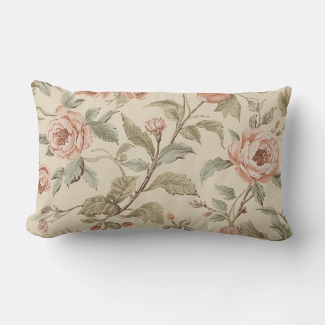 Coussin Rectangle Rose Pâle Vert Sauge Beige Floral Shabby Chic (Recto)