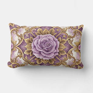 Coussin Rectangle Rose Pourpre & Or Baroque Élégant Floral Vintage
