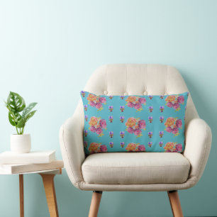 Coussin Rectangle Rose Rouge Rose Shabby Chic Bleu Turquoise Floral 