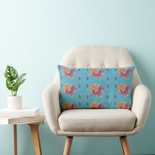 Coussin Rectangle Rose Rouge Rose Shabby Chic Bleu Turquoise Floral (Chaise)