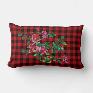 Coussin Rectangle Rose vintage Aquarelle - noir et rouge plaid