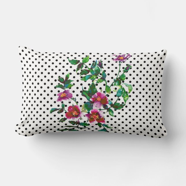 Coussin Rectangle Rose vintage - pois blancs et noirs (Recto)