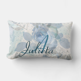 Coussin Rectangle Roses bleu monogrammes