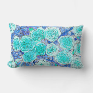 Coussin Rectangle Roses Bleus, Vert Feuille Rose Jardin Fleur été