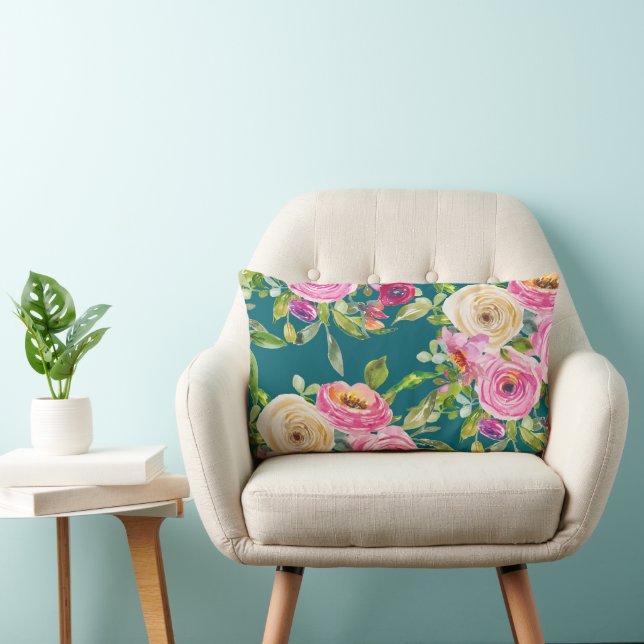 Coussin Rectangle Roses d'aquarelle en rose et crème sur Turquoise (Chaise)