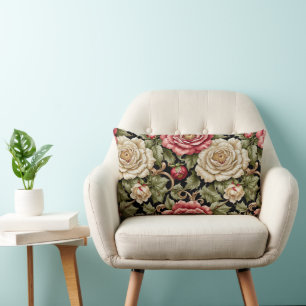 Coussin Rectangle Roses de chou modernes vintage sur fond noir
