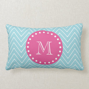 Coussin Rectangle Roses indien, Chevron bleu   votre monogramme