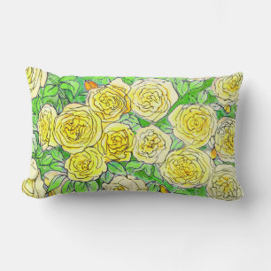Coussin Rectangle Roses Jaunes, Vert Feuille Rose Jardin Floral Art