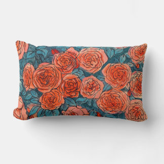Coussin Rectangle Roses rouges, Bleu Feuille Rose Jardin Fleurs d'ét