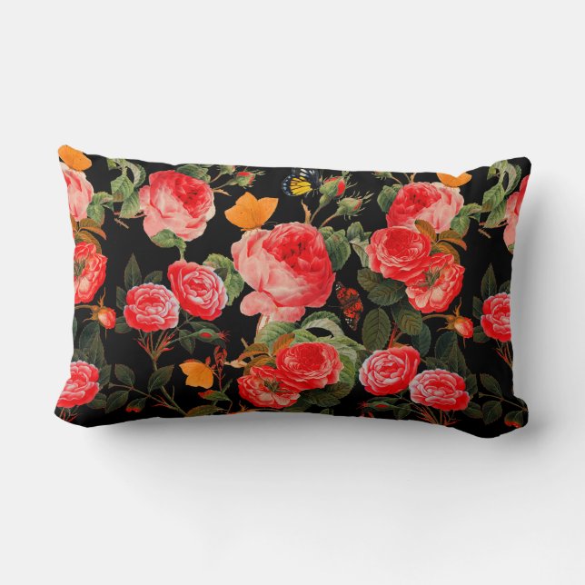 Coussin Rectangle ROSES ROUGES ET BOUTEILLES JAUNES Floral noir (Verso)
