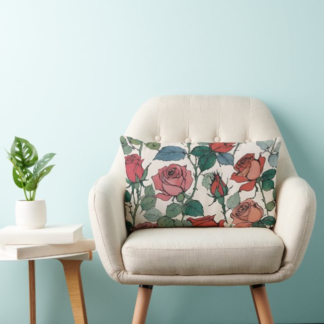 Coussin Rectangle Roses rouges et roses et fleurs Feuilles (Chaise)