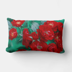 Coussin Rectangle Roses Rouges Feuilles Vert Pâle