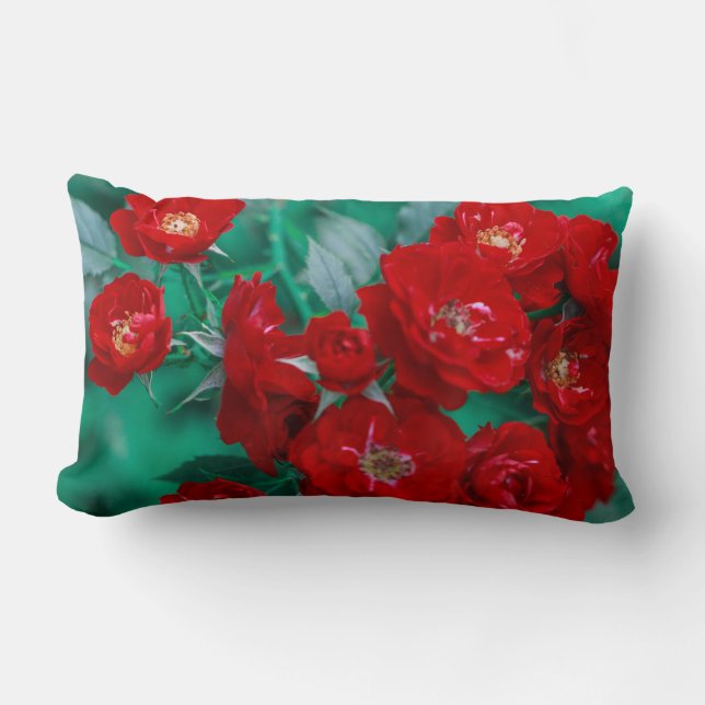 Coussin Rectangle Roses Rouges Feuilles Vert Pâle (Recto)