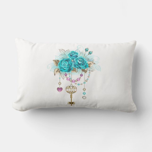 Coussin Rectangle Roses Turquoise avec Clés (Recto)