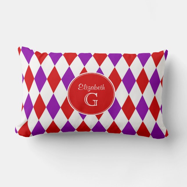 Coussin Rectangle Rouge Blanc Violet Harlequin Rond Monogramme #2 (Recto)