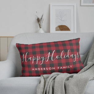 Coussin Rectangle Rouge Buffalo Check Joyeuses Fêtes Nom de la famil