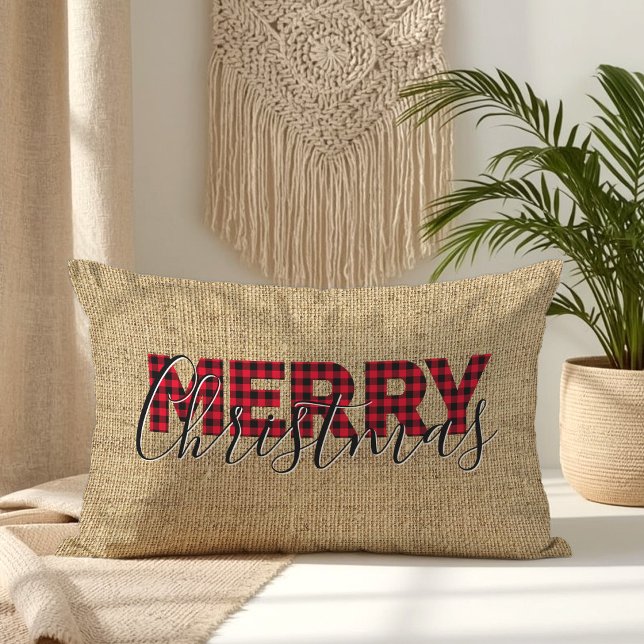 Coussin Rectangle Rouge Buffalo Plaid et Calligraphie Joyeux Noël (Red Buffalo Plaid and Calligraphy Merry Christmas Lumbar Pillow)