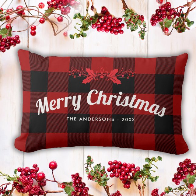 Coussin Rectangle Rouge Buffle de Noël Plaid Farmhouse Jeu d'oreille (Créateur téléchargé)