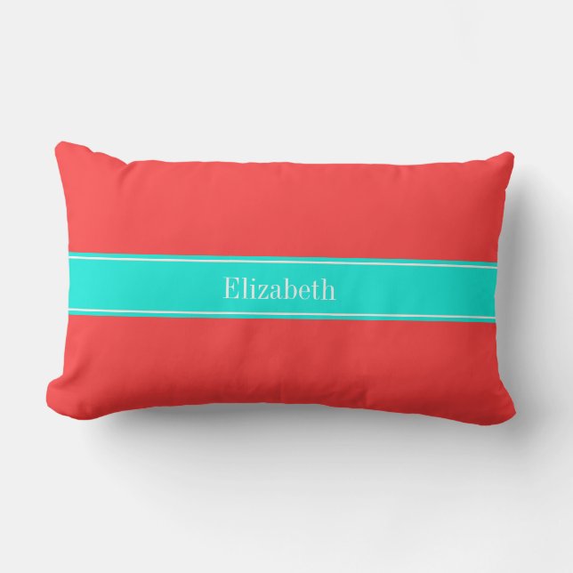 Coussin Rectangle Rouge Corail Uni, Ruban Aqua Clair Monogramme du N (Recto)
