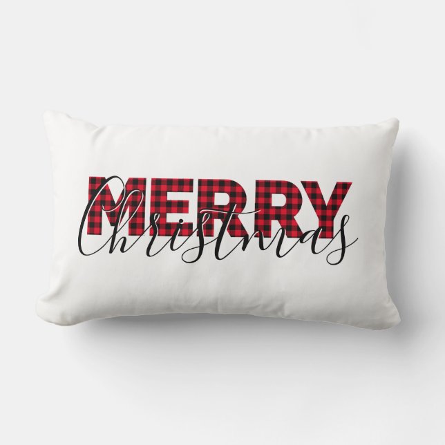 Coussin Rectangle Rouge plaid buffalo Élégant script Joyeux Noël (Recto)