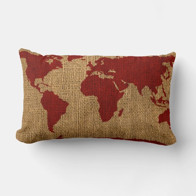 Coussin Rectangle Rouge rustique de carte du monde (Recto)