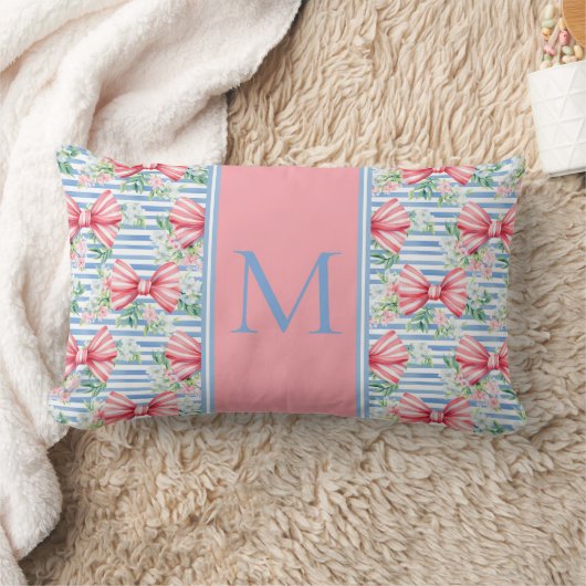 Coussin Rectangle Rubans roses et bleus Fleurs et rayures Monogramme (Couverture)