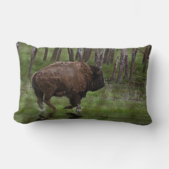 Coussin Rectangle Running Buffalo & Forest, Bison-lover's Design (Recto)