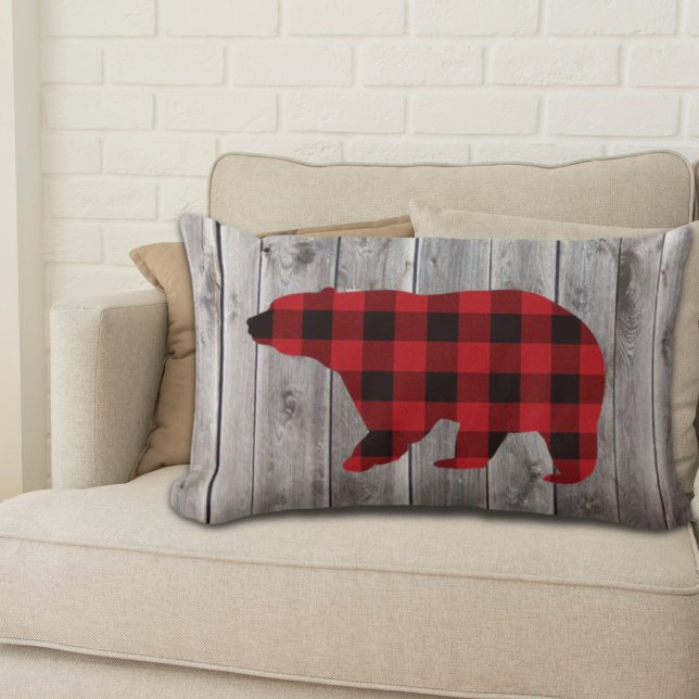 Coussin Rectangle ruodland barn wood red buffalo plaid bear (rustic woodland barn wood red buffalo plaid bear lumbar pillow)