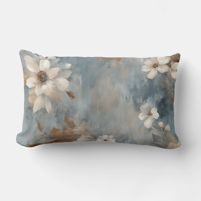 Coussin Rectangle Rustique Floral Bleu Poussiéreux Marron Crème Mais (Recto)
