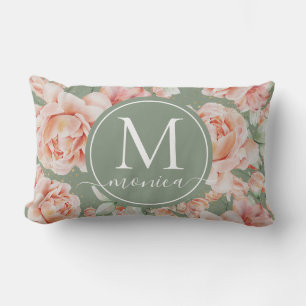 Coussin Rectangle Sage Vert Floral Aquarelle Rose Motif Monogramme