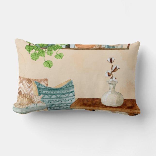 Coussin Rectangle Salon bohème cosy à l'aquarelle (Recto)