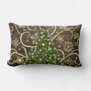 Coussin Rectangle Sapin de Noël Élégant en Bois de Grange Doré