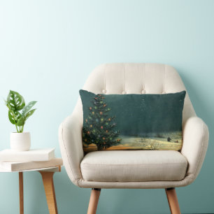 Coussin Rectangle Sapin de Noël vintage la nuit avec lumières et nei