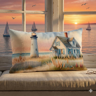 Coussin Rectangle Scène aquarelle du phare et cottage au bord de la