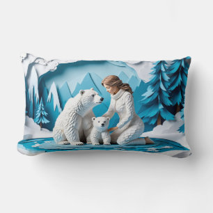 Coussin Rectangle Scène d'art en papier d'hiver avec femme et ours p
