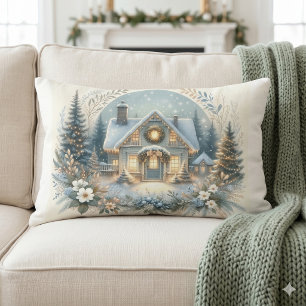 Coussin Rectangle Scène de cabane enneigée lumineuse
