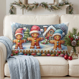 Coussin Rectangle Scène de Noël enneigée avec une famille en pain d'