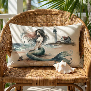 Coussin Rectangle Scène de phare de sirène à l'aquarelle côtière