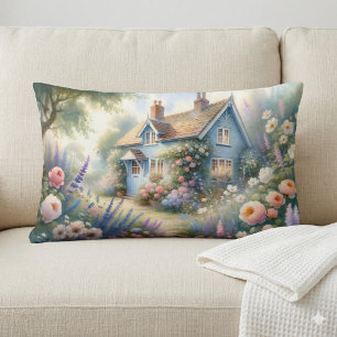 Coussin Rectangle Scène florale de maison bleue de jardin de campagn