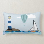 Coussin Rectangle Scene nautical with Lighthouse and Sailboat<br><div class="desc">Scène nautique numérique avec un voilier naviguant dans un océan ondulé et une montgolfière flottant devant un phare rayé. Coussin décoratif.</div>